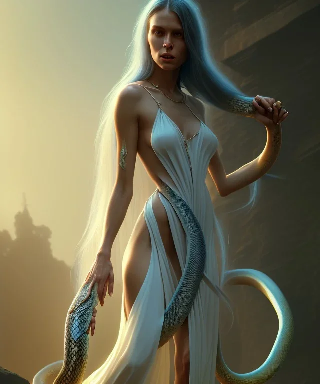 Holy Virgin, beautiful, long fabric dress, beautiful long black hair to the waist, snake around body, head and shoulders portrait, 8k resolution concept art portrait by Greg Rutkowski, Unreal Engine 5 volumetric lighting