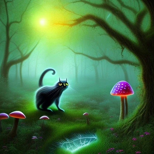 black cat, walking, psychedelic forest, crystals, mushrooms