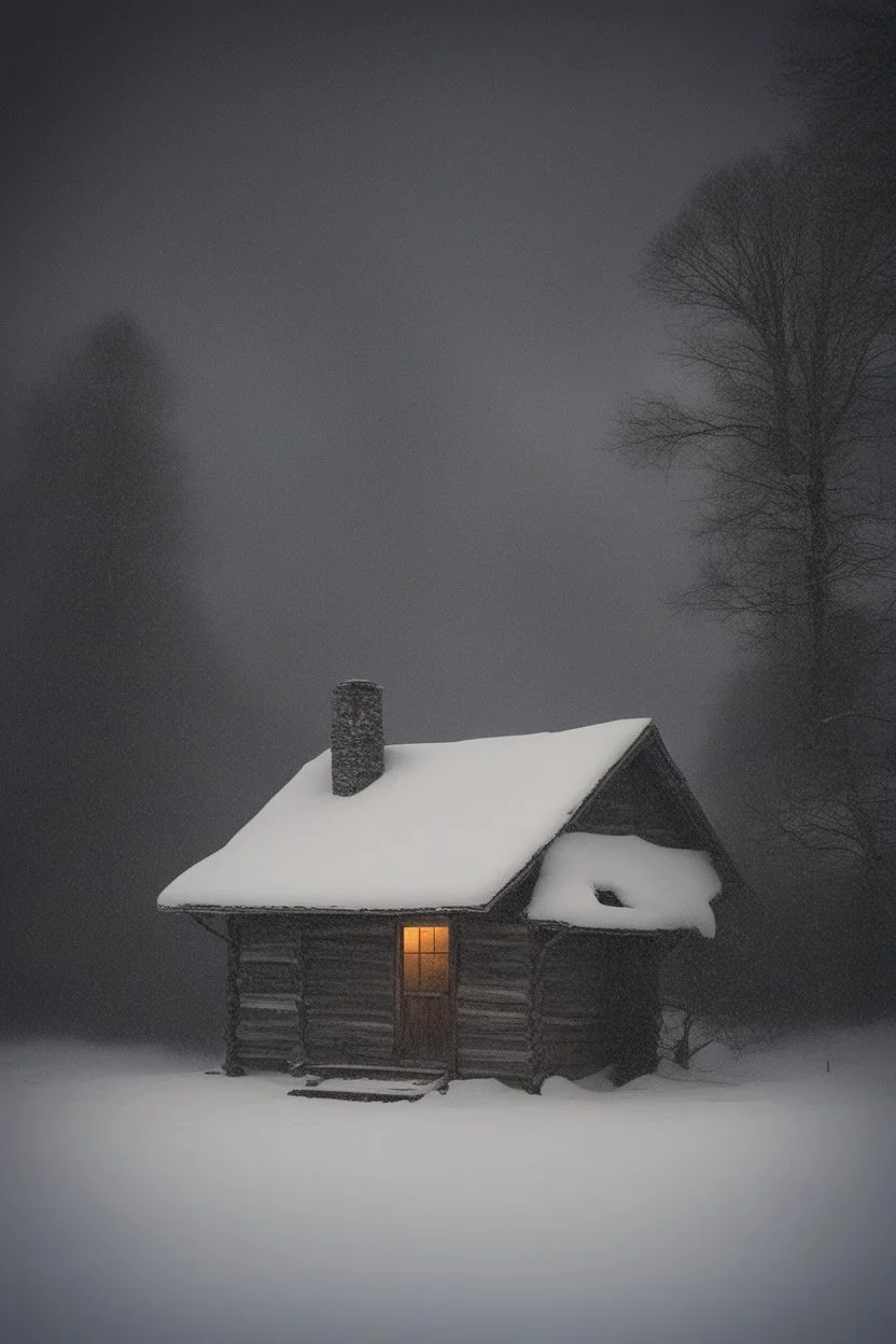 old cabin in a blizzard at night by a lake