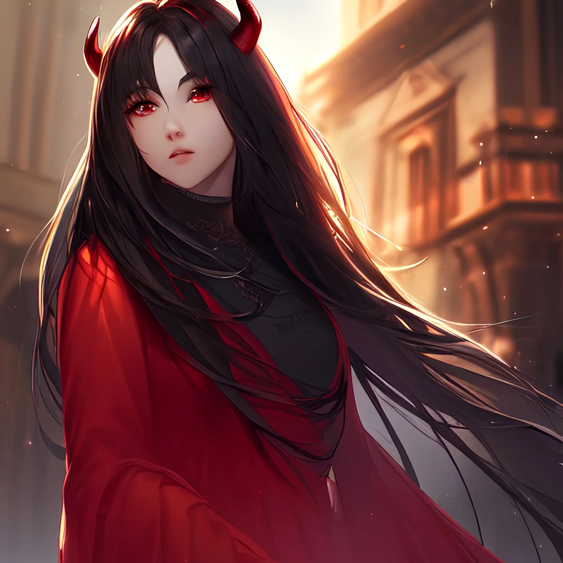 Clear focus,High resolution,High quality, Black long hair, Red eyes, Red horns, Realistic