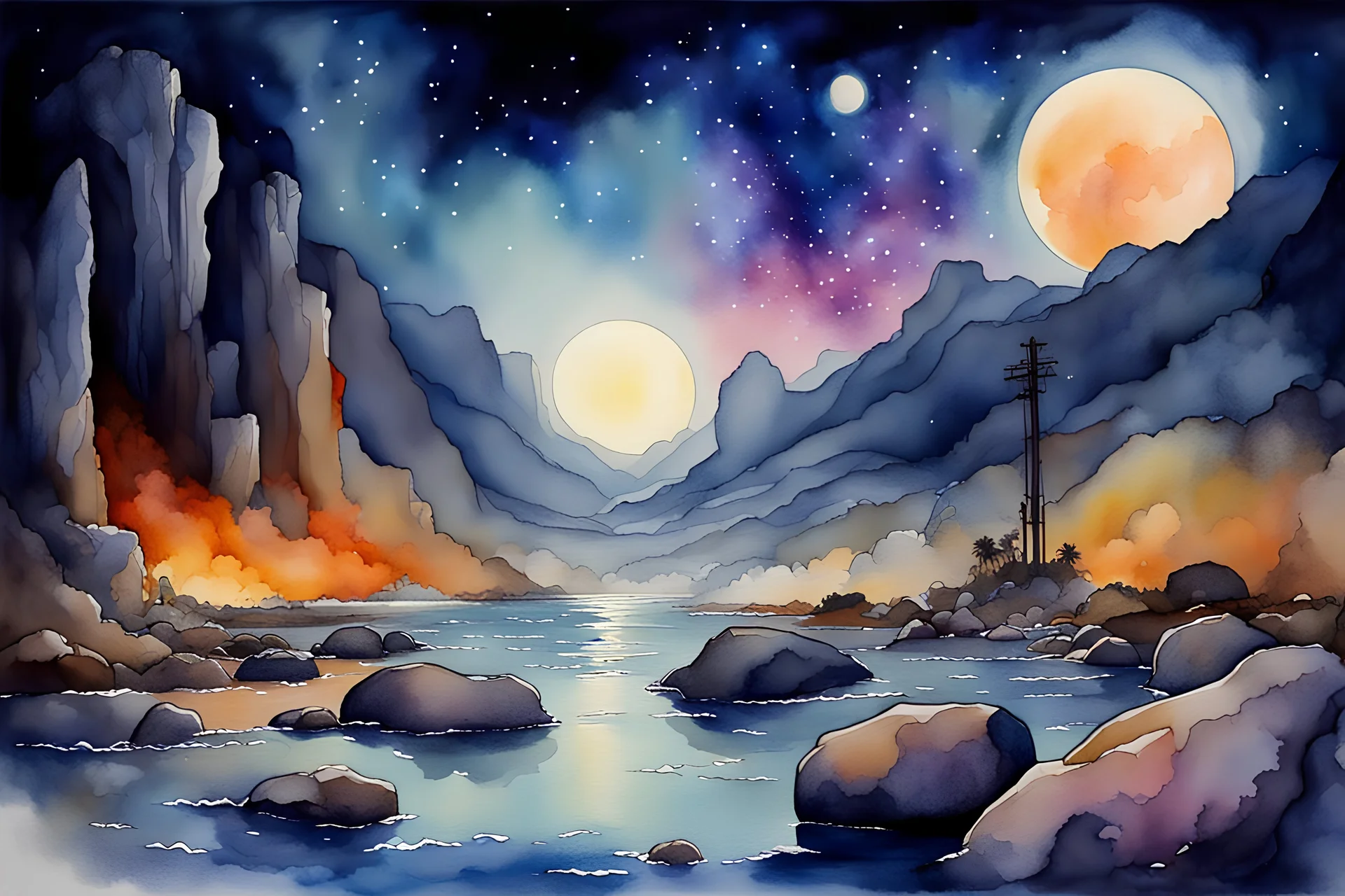 rocks, mountains, sci-fi, new age and trascendent influence, fantasy, night, watercolor paintings