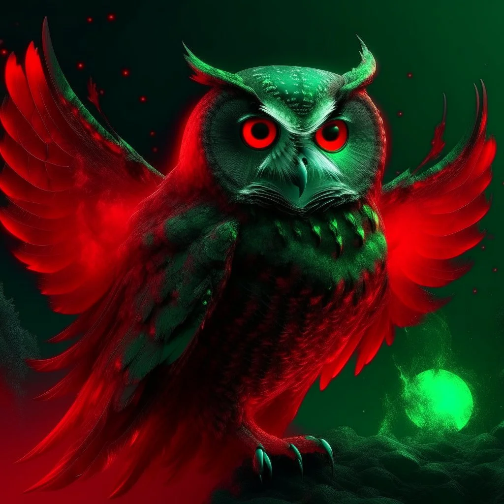 Owl design with ice, lava and starlight, iridescent wings under a molten lava blood red moon with eerie fog, the owl has green eyes 8k UHD Gothic fantasy art with splatter.