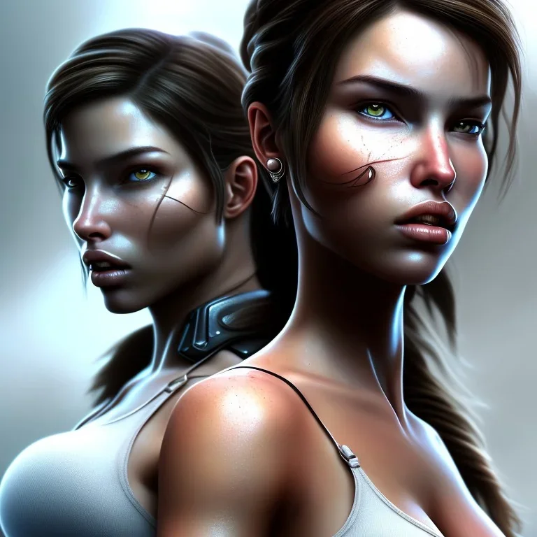 portrait beautiful lara croft,big breast, background fog, volumetric lighting, particals, intricate detail,realistc, close up,