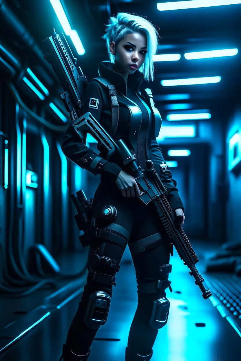 "Ultra realistic full body shot a woman in a futuristic suit holding a gun in her hand, looking at the camera,full legs, cyberpunk, neo-figurative,concept ,full length view, face , full size, science, technology,future,electric ,futuristic style, design, practicality,manufacturability,performance, HOF, professional photographer, captured with professional DSLR camera, trending on Artstation, 64k, full size, ultra detailed, ultra accurate detailed, bokeh lighting, surrealism, background, detailed