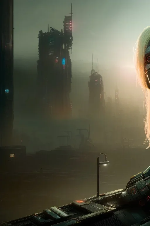 Beautiful portrait of blonde post-apocalypse robots in a cyberpunk city, sci-fi fantasy style, 8k,dark