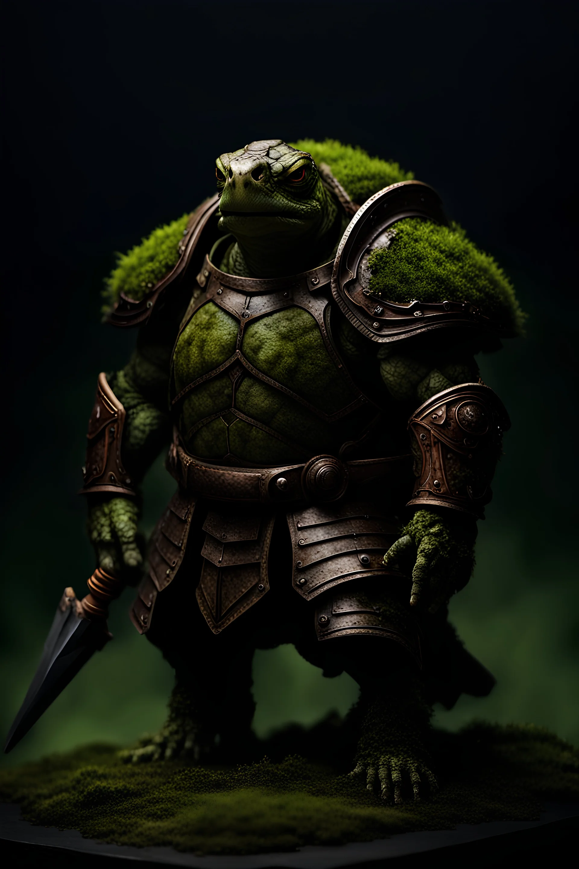 Muscular turtle humanoid in armor covered in moss