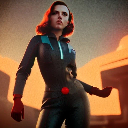 retro sci-fi portrait image from 1960, supermarket parking explosion, fire, classic black widow, young Scarlett Johansson, classic black tight lycra latex suit, retro superhero style, soft color, highly detailed, unreal engine 5, ray tracing, RTX, lumen lighting, ultra detail, volumetric lighting, 3d, finely drawn, high definition, high resolution.