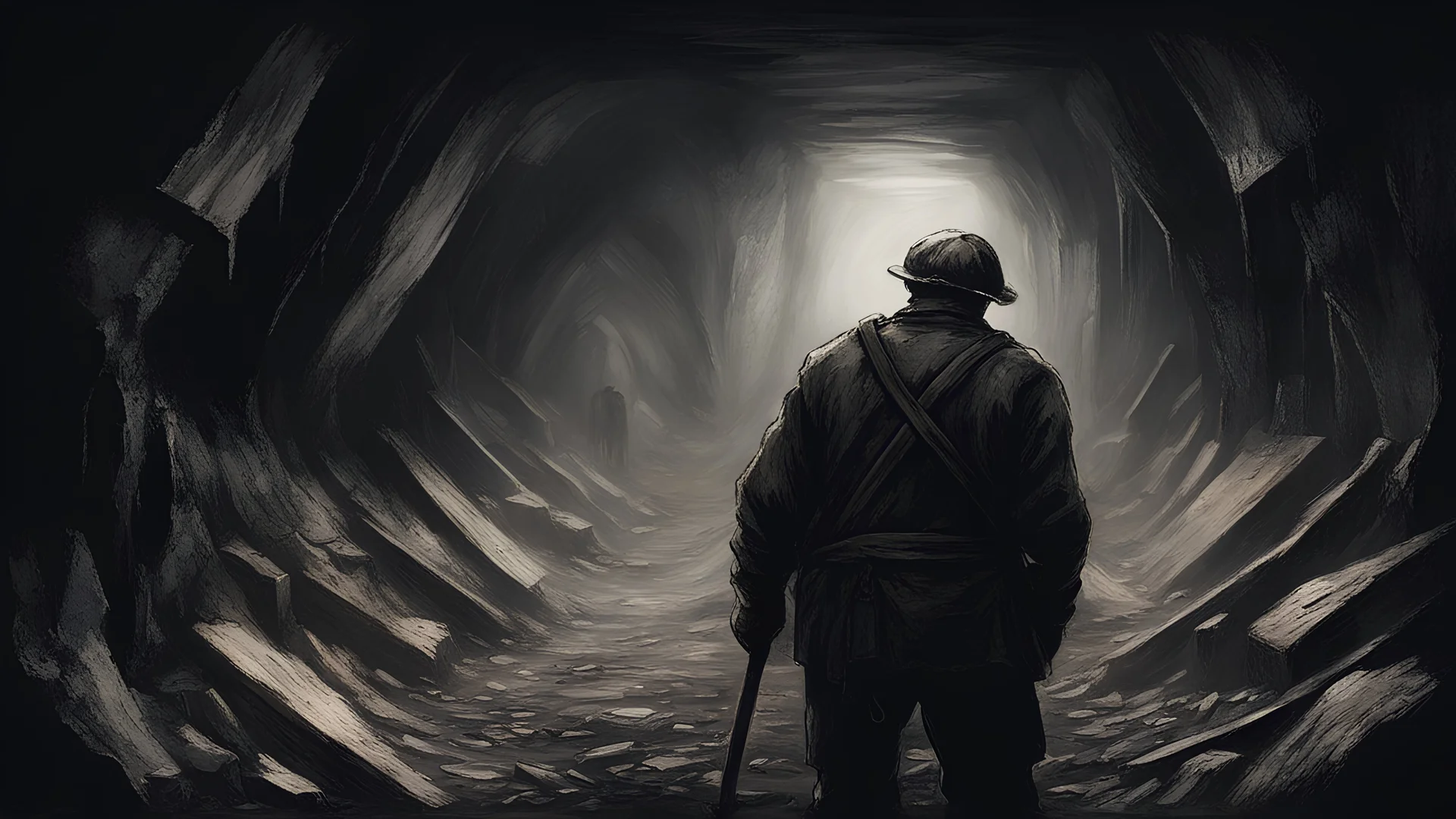 (masterpiece), best quality, expressive eyes, miners, working inside a mine, dark horror art style, dark art style, horror art style, using pickaxe, view from back
