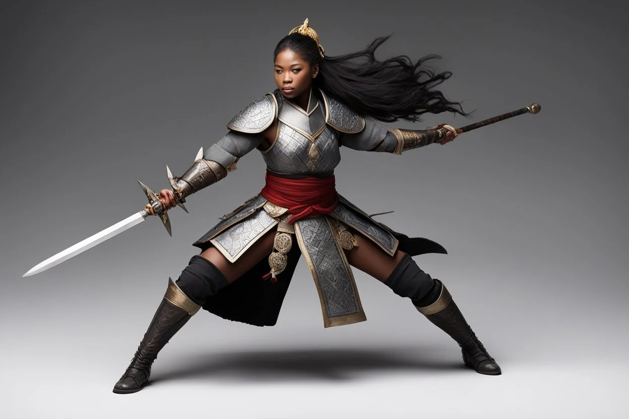 a female medieval warrior embodies the essence of grace and power. She adopts a stance akin to the Japanese Mahami No Nekoashi Dachi, known as Kokutso Dachi, moving with precision and fluidity. With legs bent and poised in a squatting position, she stretches out her arms in a striking display of readiness. One arm extends forward, firmly gripping her sword with determination, while the other arm reaches backward, poised for a swift and calculated strike. As she takes on this formidable stance, t