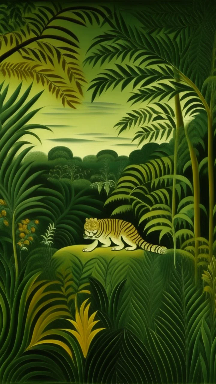 An olive green colored jungle with jade tigers painted by Henri Rousseau