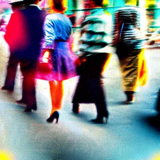 Picture 1950's street life, people, New York, very blurry, abstractism, colours, strong texture, 3d, chaotic