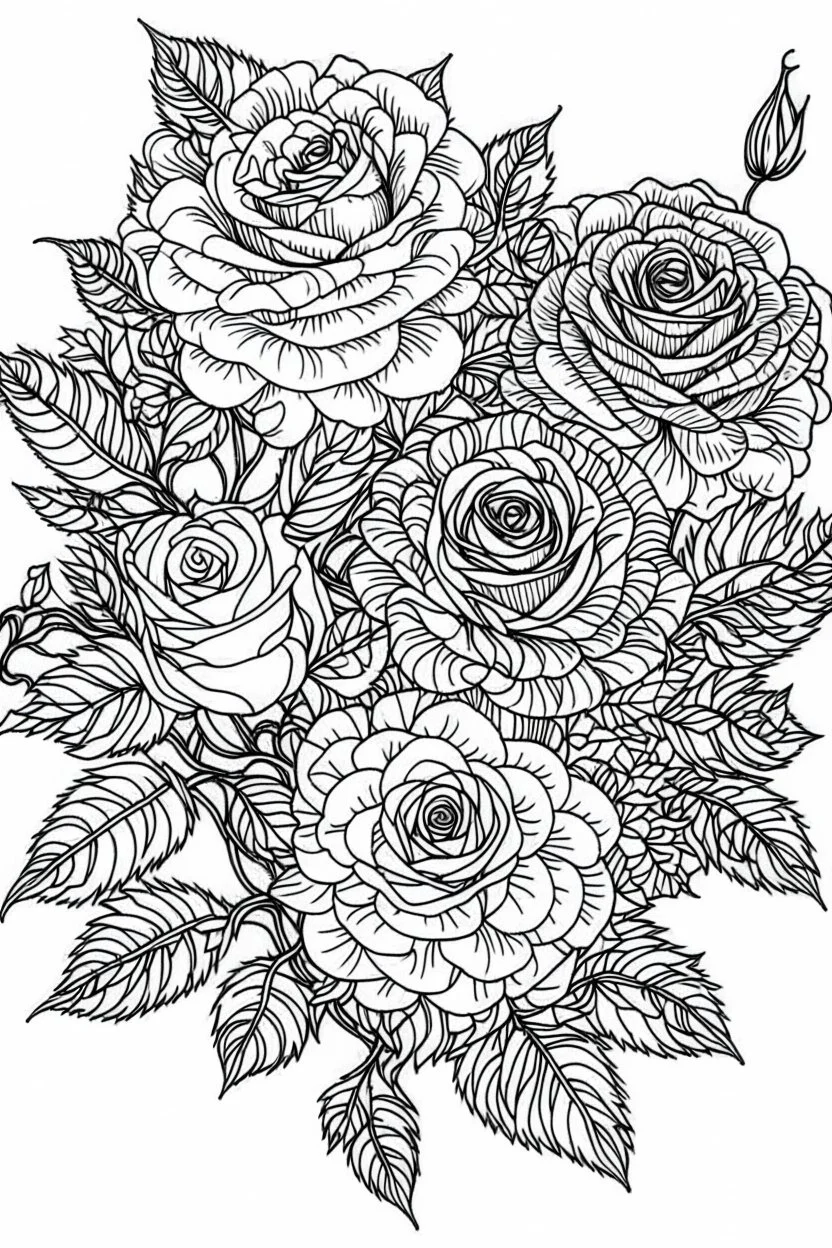 Outline art for coloring page, STYLISH ROSES, coloring page, white background, Sketch style, only use outline, clean line art, white background, no shadows, no shading, no color, clear