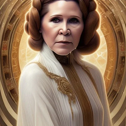 hyperspace background, complete and photo realistic detailed head to waist stunning photo realistic portrait of carrie fisher as Princess Leia in star wars with photo realistic updo hair by Mandy Jurgens and mucha and Richard Schmid and chuck close and chie yoshii, extraordinary and detailed ceremony dress of star wars,brown eyes