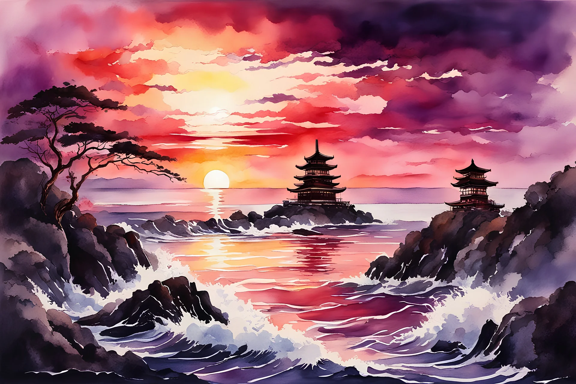 beautiful dark watercolor, dramatic, Japanese seascape at sunset, majestic pagoda perched on shoreline cliff, deep crimson and purple colors, reflective, setting sun partially obscured by clouds, sun glare effect, impressionism