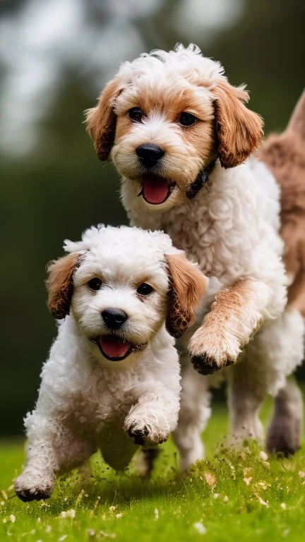 extreme close up photography of two cute puppy lagotto romagnolo happy dogs in a wood , running looking for truffles , in Tuscany Italy , photorealistic, backlight, 35mm lens