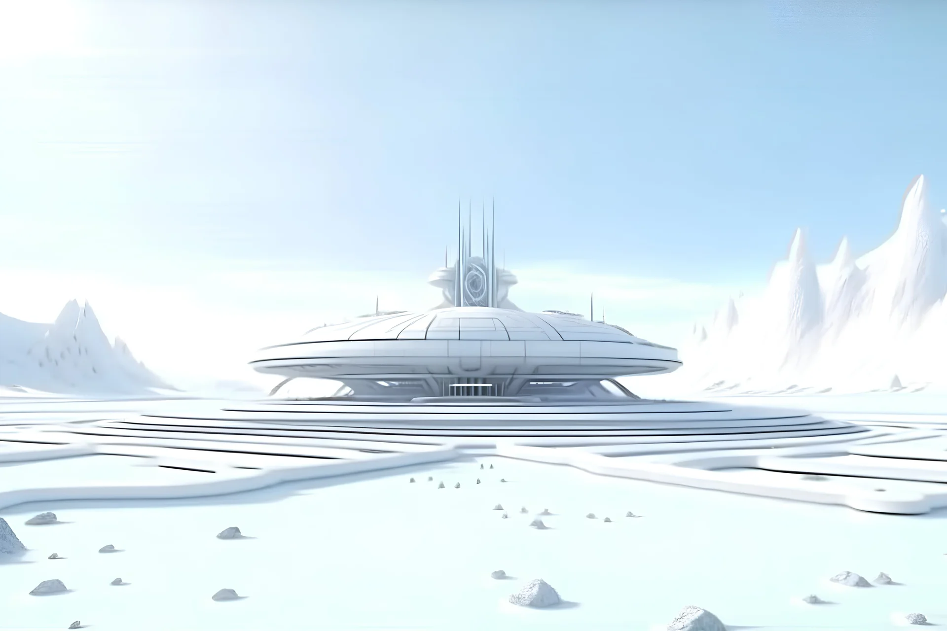 wide shot of big futuristic base without floor on white planet