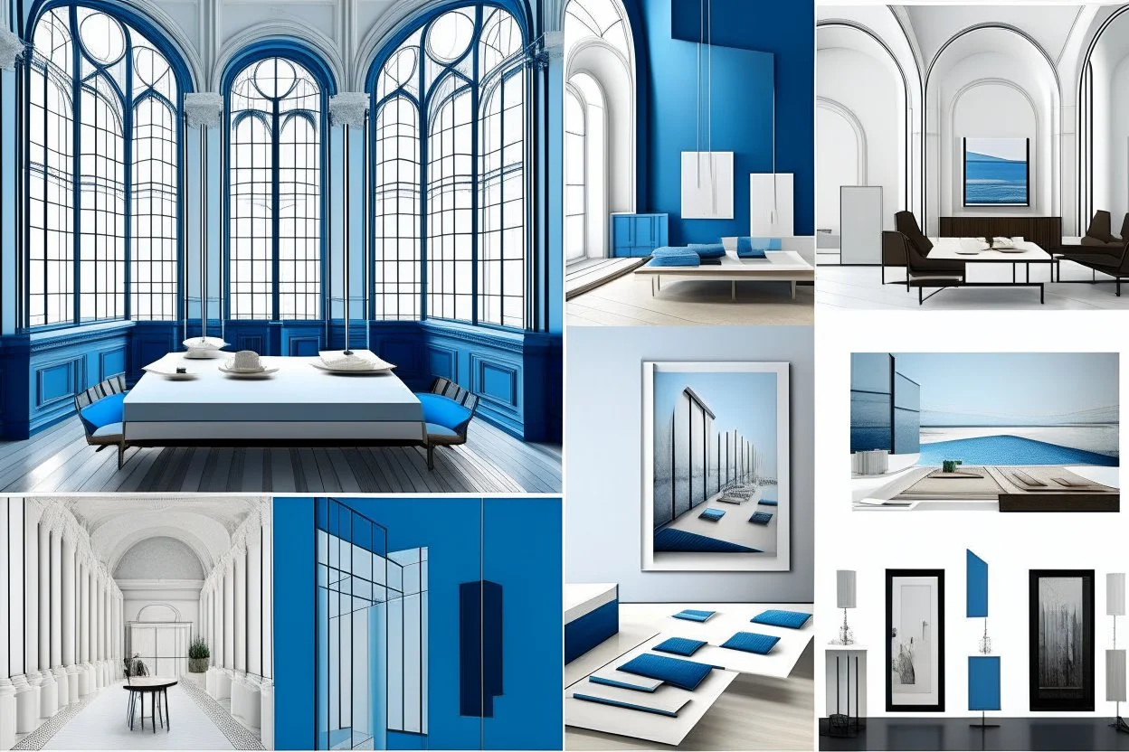 mood board for architectural graduation project and its a museum and the colors are blue and white and the furniture for a paintings museum