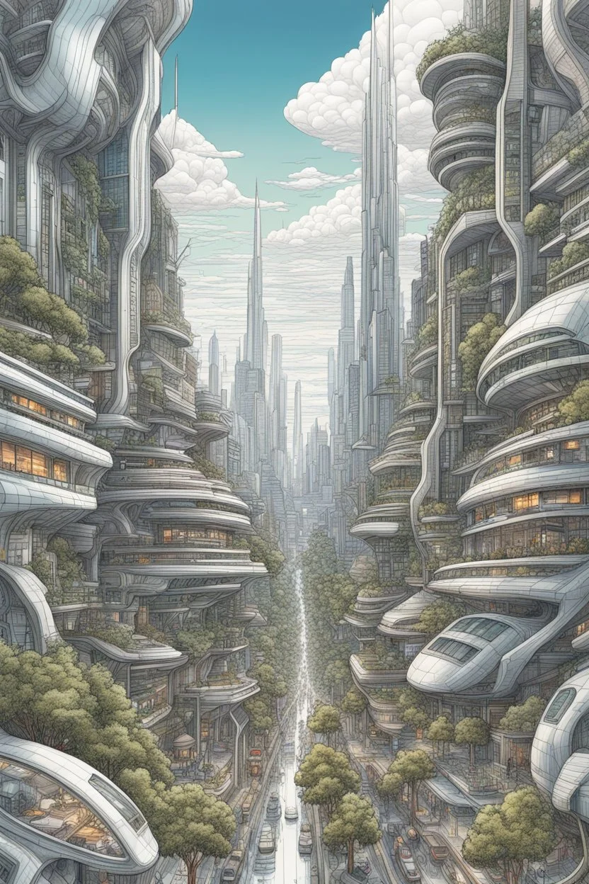 a highly detailed pencil and colour marker digital drawing of beautiful organic futuristic city in harmony with nature, full screen, fine details and contours, intricate, small minutiae, tiny features, particulars, sharp photo lens, acute outlines, digitally enhanced, least ambient occlusion, sidewalk view from the pedestrian perspective, wide angle camera, volumetric lighting, volumetric clouds, uhd, 8k, vitality colors, for book cover, enscape render, by antoni gaudí