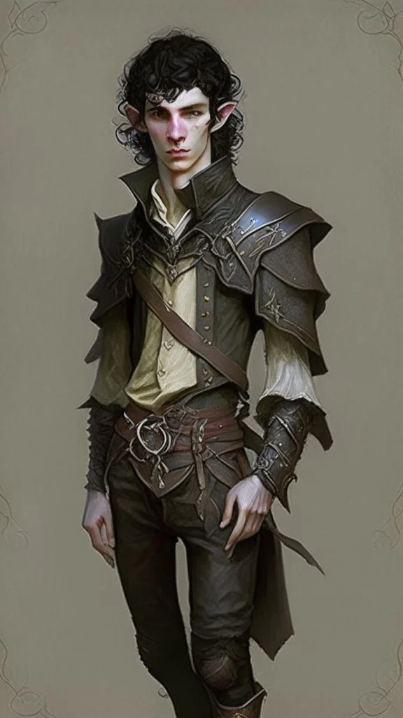 ron koza style, young man elf, he has curly, black hair and sharp cheekbones. His eyes are black. pale skin. He wears fantasy medieval clothes. full body with boots