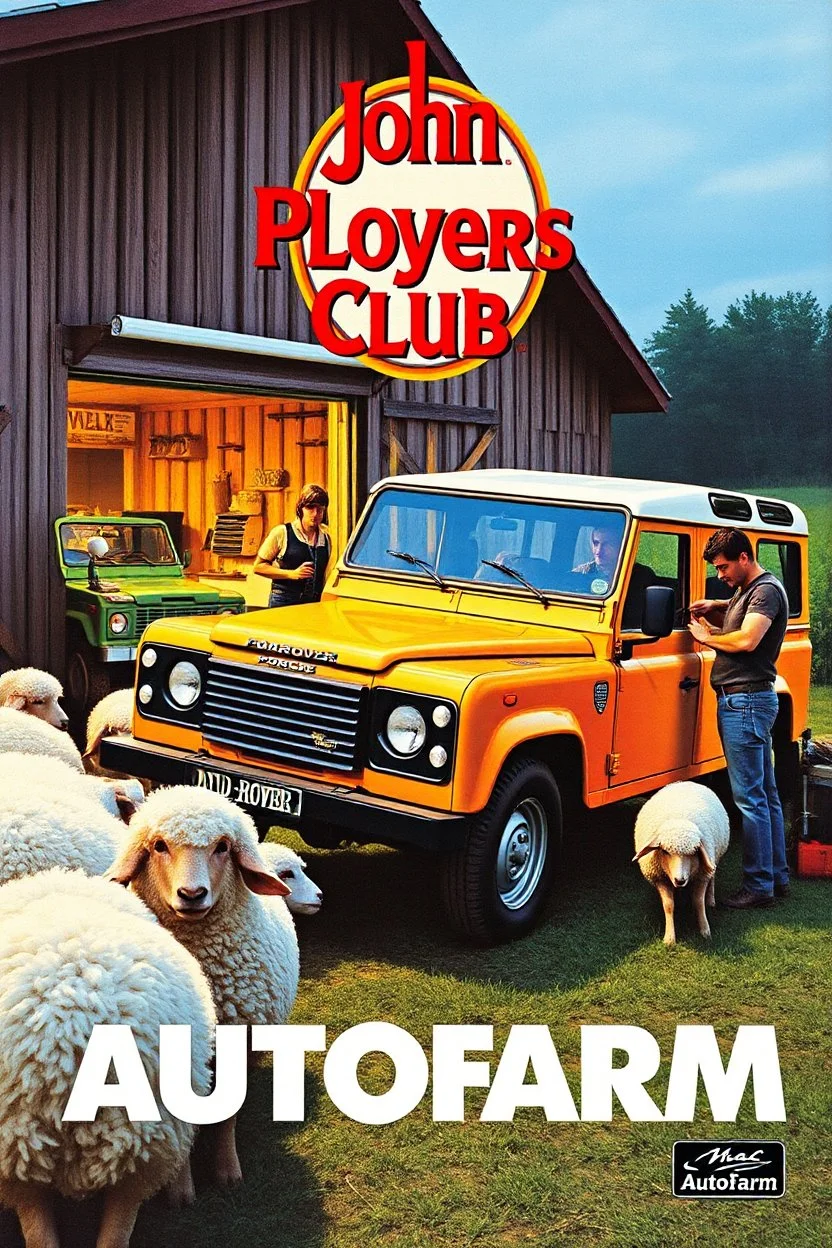 john players club 1980s cigarette advertisement sexy print Porsche autofarm magazine advertisement, vivid colours from the 80s, mcdonalds ad from the 80s, mac computer ad from the 80s, featuring a landrover being fixed at a farm. sheep are all over the place, company name in bold (AUTOFARM), nike print ad style, mac computer ad from the 80s, 1980s rc print advertisement, gangsta boys with mad weapons and girls