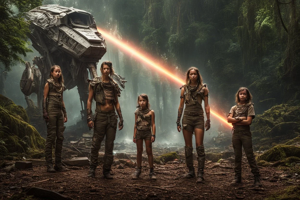 Beautiful girl with rainbow eyes, rainforest warrior, strong, resilient, defiant, full body, with family of 5 beside her, defending, Masterpiece, best quality, cinematic lighting, futuristic, standing in front of crashed spaceship, tough stance.