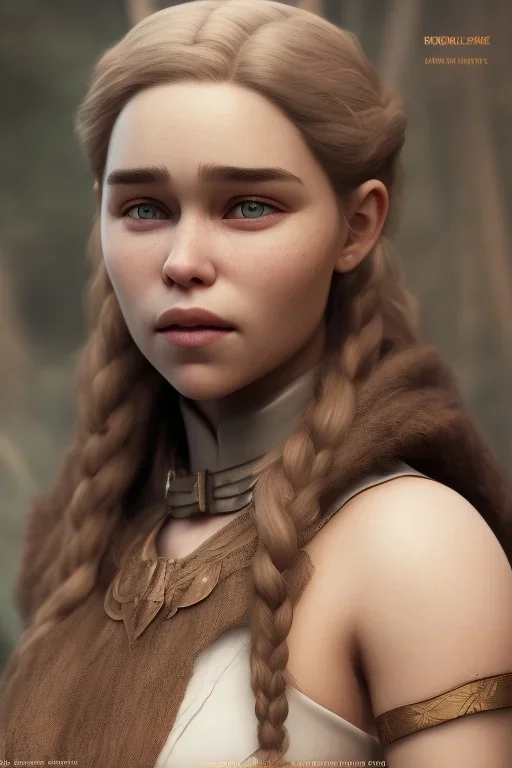 emilia clarke, viking clothes, realistic, unreal engine, cinematic lighting, octane render.