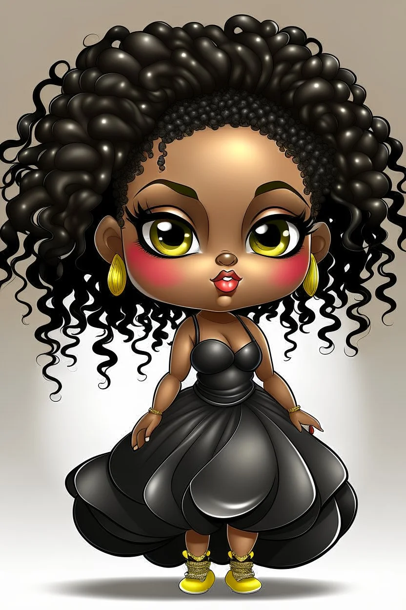 create a digital airbrush image of a chibi curvy black female wearing a black maxi dress and black sandals. Prominent make up with brown eyes. Highly detailed wild tight curly hair.