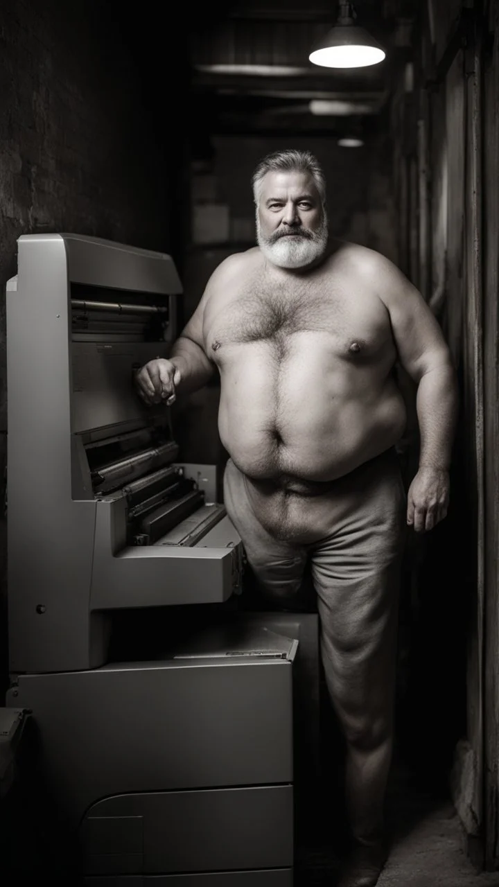 full figure shot photography of an italian strong massive big chubby 50 year old man in opened gray trousers, manly chest,, short beard, shirtless, printer in an old printing house, next to a huge old printer, dim light, side light, ambient occlusion