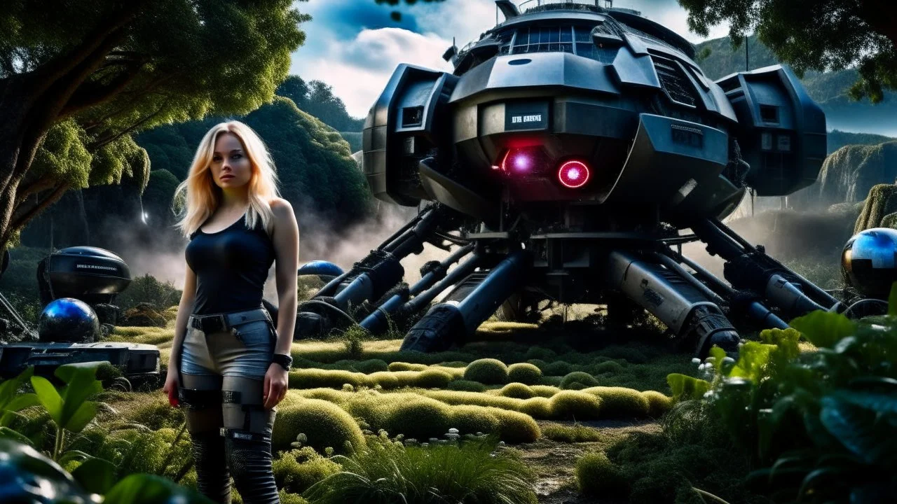 Wide-angle, full body of a woman, with straight blond hair, dressed like a robot, with equipment in her hands, next to a crashed spaceship, on an alien jungle world in the multiverse