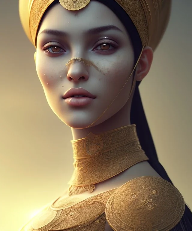 Arab young woman ,Arabic features، cute, beautiful, black eyes,Natural contours, real skin ,Modest Arabic style dress، head and shoulders portrait, cinematic, 8k, resolution concept art portrait by Greg Rutkowski, Artgerm, WLOP, Alphonse Mucha dynamic lighting hyperdetailed intricately detailed