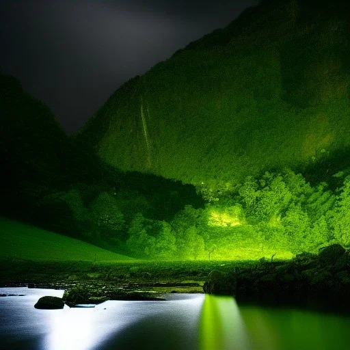 a dense florest, night, green, river, stones, rain, high detailed