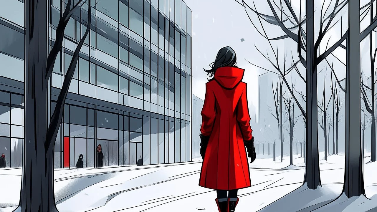 A digital artwork shows a woman standing outside a modern building in a snowy landscape. The woman, seen from the back, is wearing a bright red, knee-length coat with a hood, black leggings, and black boots. She is positioned to the right of the frame, near a bare tree covered in snow. The building behind her features a large glass facade." The glass is divided into a grid pattern by light blue frames. The building has a flat roof and a modern design, with a red door visible on the side. The gro