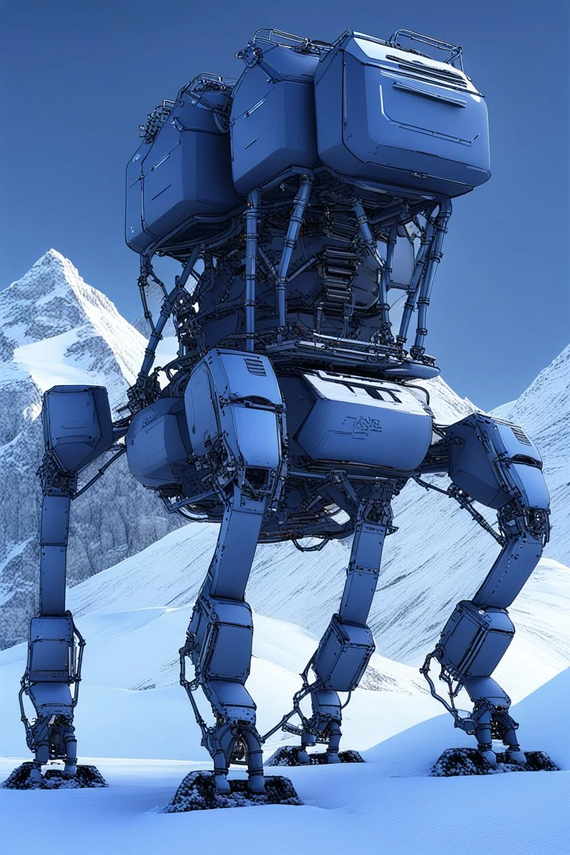 a sleek mechanical walker with eight legs scaling a very steep snow covered side of mout everest at night, it has a smooth surface, it has storage pods on its belly and humans can fit in the pods