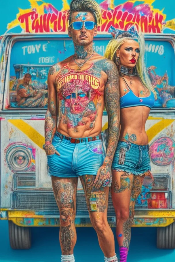 Artwork Entitled "Homo Consumerist" featuring a Trailer Park God And Goddess Covered In Brand Tattoos With Giant Logos All Over Their Clothes; Pop Art; Renaissance Trailer Trash Painting; Insanely Detailed; award-winning; portfolio piece