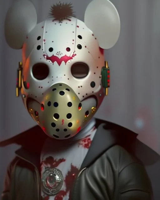 zombie mickey mouse hybrid, photorealism, movie screen capture, horror, sci-fi, retrofuturism, matching mickey mouse ears on mask