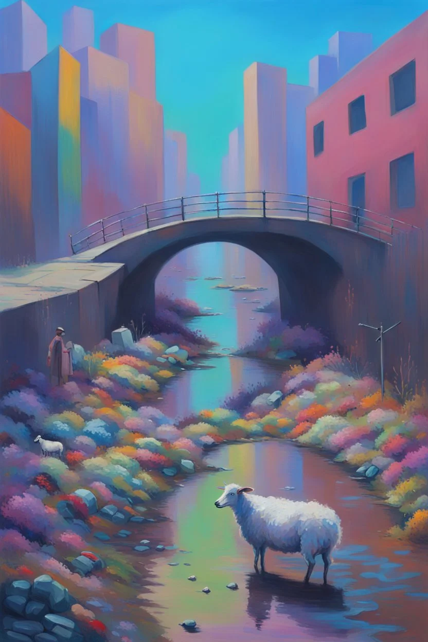 painting of a cyberpunk colourful natural walkway rubbish on the street in the city with pollution and a small bridge by a creek with electric sheep and androids by monet