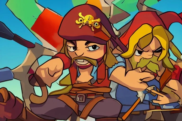 Cartoony and muscular Captain Jack Sparrow, Legend Of Zelda: Wind Waker style, stylized, colorful, adventurous.