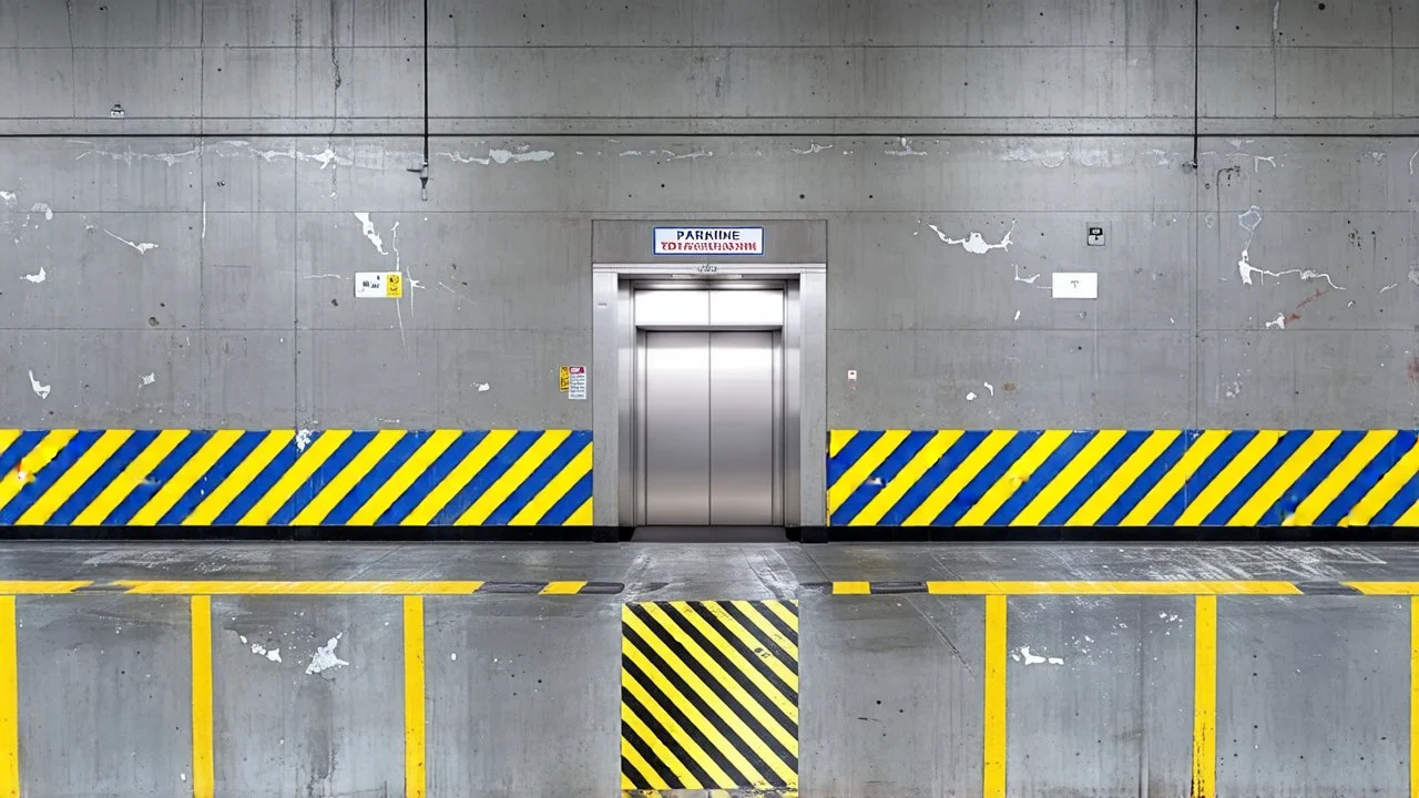 wall design for parking garage, concrete, yellow marking lines, hazard lines, weathering and water stains, realistic elevator doors in middle. a sign is above the elevator doors. rough painted hashmarks and parking lines, add signage found in a parking garage.