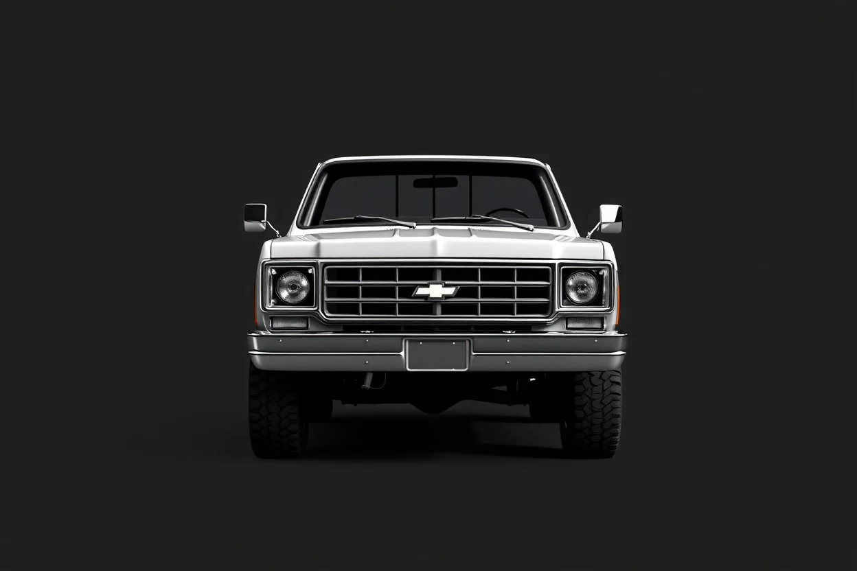 1973 Chevrolet square body truck 4x4 facing a little to the left, dark gray background, high contrast black and white vector