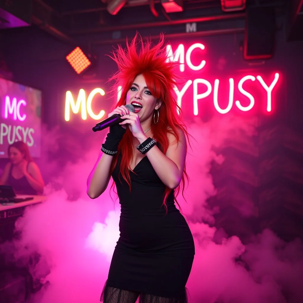 A MC performing at dance club, her name MC FLAPYPUSY and looks crazy, crazy red hair with black dress. Neon lights and smog, MC FLAPYPUSY SIGN ON WALL