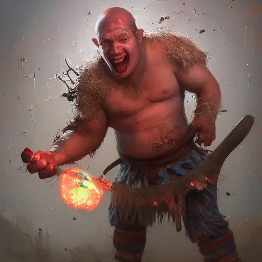 Insanely detailed photograph of an “portrait of a Giant Downsyndrome D&D barbarian holding a frying pan wearing a red loincloth laughing”, smiling clear face and hyperdetailed painting by Ismail Inceoglu Huang Guangjian and Dan Witz CGSociety ZBrush Central fantasy art album cover art,8K, hdr, epic, mysterious, ominous, hands focused on a glowing D20, jewelry, motivated