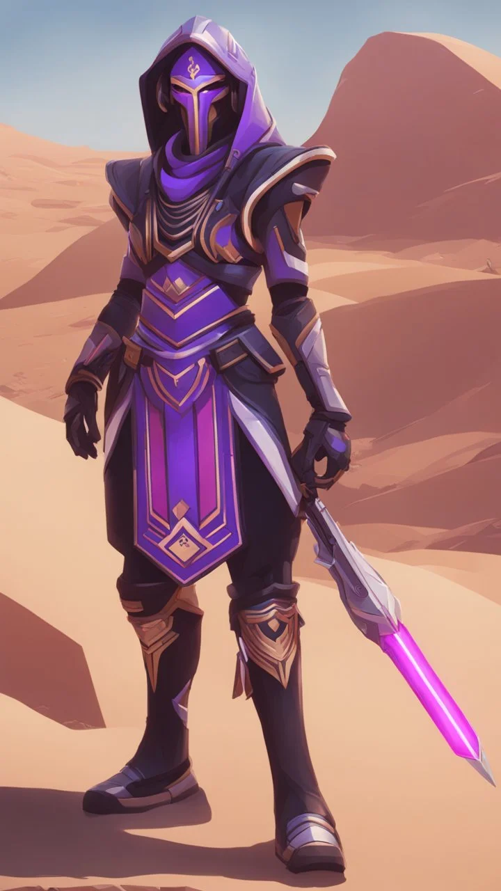 A close picture to Ramattra nemesis form egypt rob in overwatch art style with black color and neon purple details in the desert