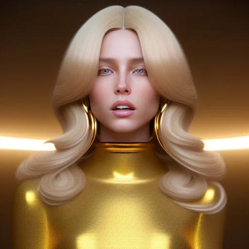 beautiful cosmic golden woman, long blond hair, nice smiling, magic glamour make up, delicate colors, beautiful glamour galactic golden dress, ultra sharp focus, 8k, unreal engine 5, extremely sharp detail, light effect, soft light atmosphere of a spaceship, smooth, full of details, face in front, complete vision of body