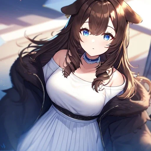 Clear focus, High resolution, Long fluffy brown hair, blue eyes, wearing a white skirt, detailed outfit, wearing a jacket oversized off shoulder, rough line, hair above ears, dog ears, off shoulder white shirt, chopped bangs, parted hair, medium locks