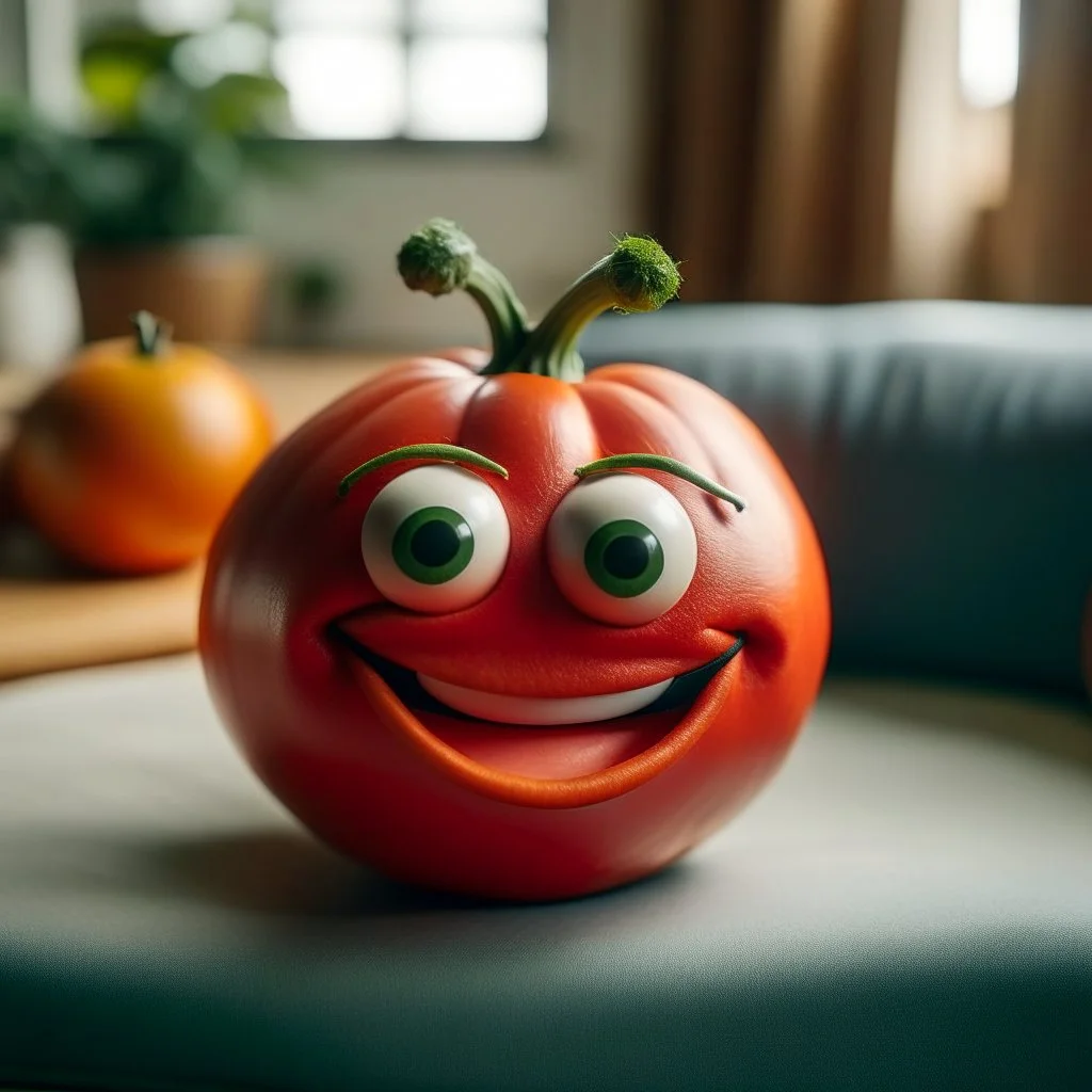 A TOMATO SHE HAS HANDS TWO EYES TWO LEGS A NOSE AND MOUTH SMILING SITTING ON A COUCH