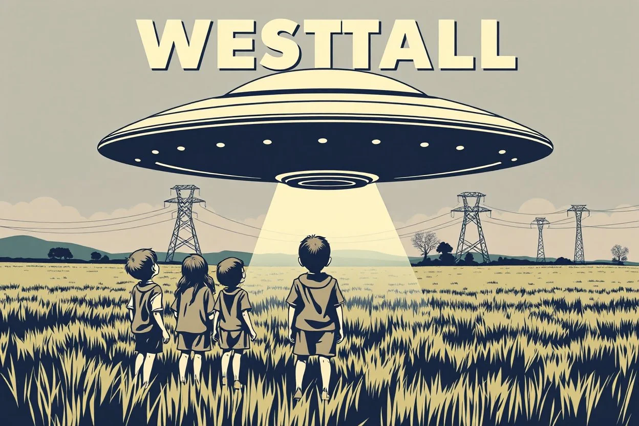 bumper sticker design, westall large flat ufo, in bold heading text "WESTALL 1966", lots of school children looking up in a field with high voltage powerline and gumtree's, mysterious cool, bold