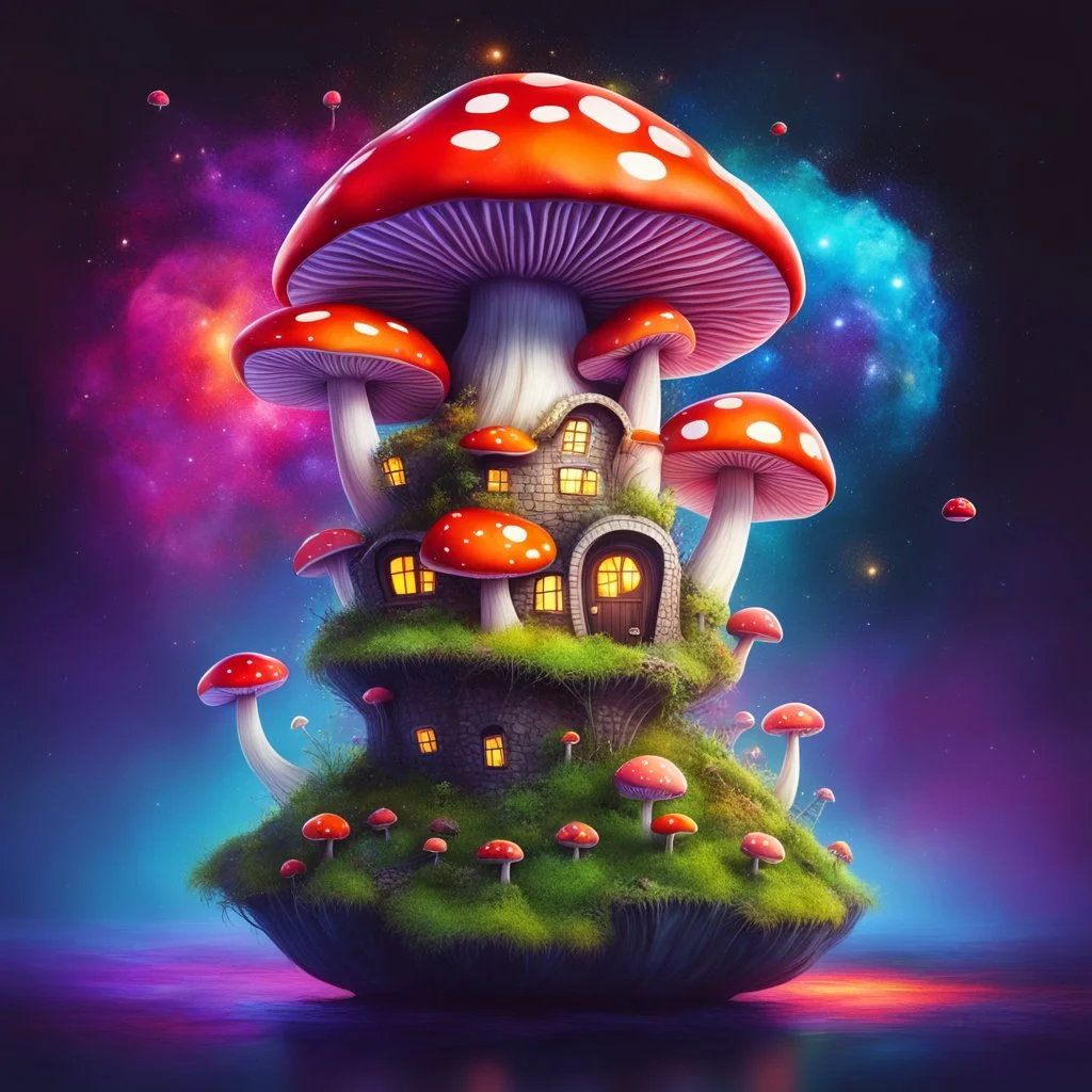 mushroom house on a distant floating space island. the island is floating in outer space. Bright Bold Bright Colors, Stark Dark background. Fantasy Style. High Quality, Painterly, Whimsical, Fun, Imaginative, Bubbly,