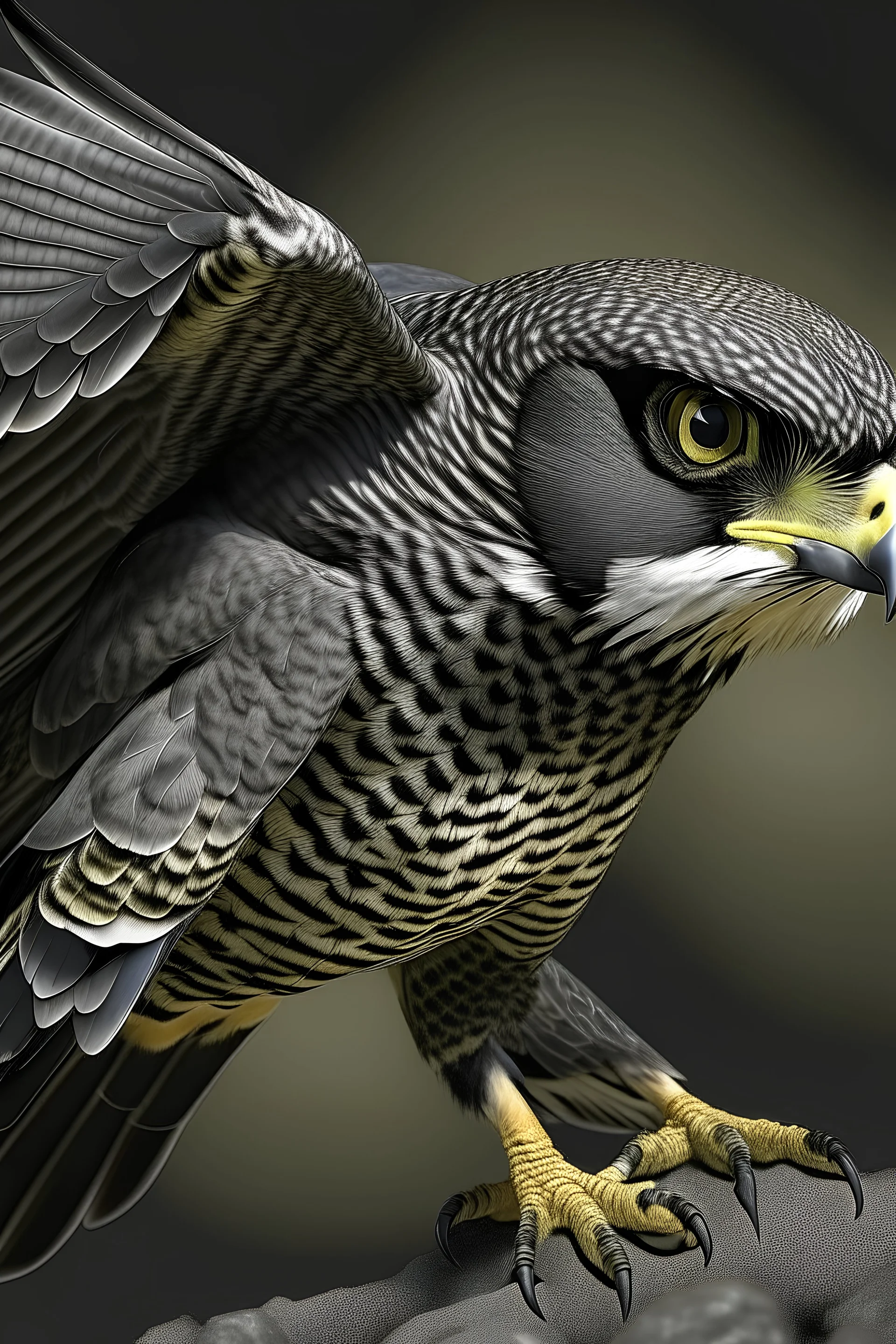"Create an AI art piece featuring the Peregrine Falcon, one of nature's fastest and most agile predators. Capture the bird in flight, showcasing its incredible speed and grace. Highlight the intricate details of its feathers and the intensity in its eyes, embodying the essence of this magnificent raptor."