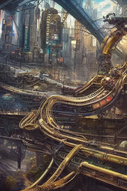 Insanely detailed intricately detailed meticulously detailed hyperdetailed AbstractTech cyberpunk train on a roller coaster, high contrast, beautiful landscape, detailed full-color , nature, HD photography, Galen Rowell, David Muench, perfect composition, gloss, hyperrealism