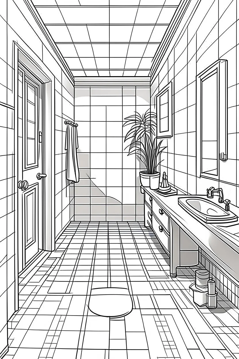 Outline art, simple House interior design, toilet, cartoon style, thick lines, low details, --ar 9:11